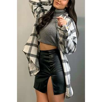 PRETTYGARDEN Women's Fall Clothes Plaid Shacket Jacket Trendy Casual Long Sleeve Button Down Flannel Shirts Fashion Blouse(Black,Small)