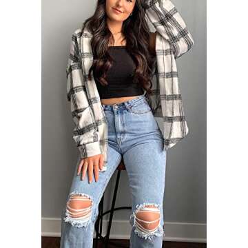 PRETTYGARDEN Women's Fall Clothes Plaid Shacket Jacket Trendy Casual Long Sleeve Button Down Flannel Shirts Fashion Blouse(Black,Small)