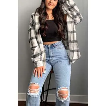 PRETTYGARDEN Women's Fall Clothes Plaid Shacket Jacket Trendy Casual Long Sleeve Button Down Flannel Shirts Fashion Blouse(Black,Small)