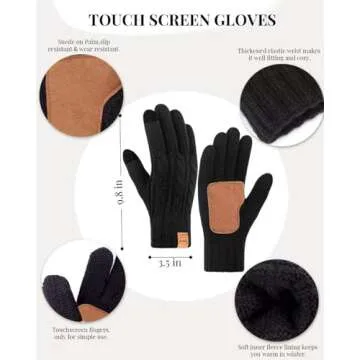 Winter Hat Scarf Glove Set for Women, Warm Fleece Lined Womens Beanie Hat with Double Pom Pom, Gloves with Touchscreen Fingers, Knit Scarf Neck Warmer for Cold Weather-Pink