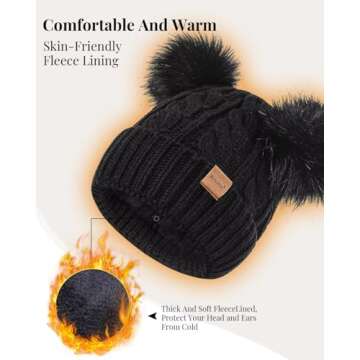 Winter Hat Scarf Glove Set for Women, Warm Fleece Lined Womens Beanie Hat with Double Pom Pom, Gloves with Touchscreen Fingers, Knit Scarf Neck Warmer for Cold Weather-Pink