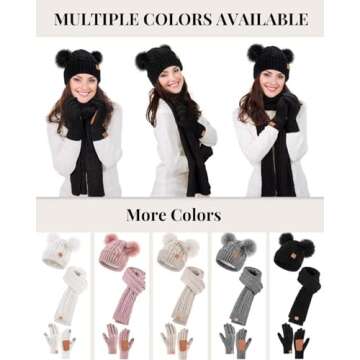 Winter Hat Scarf Glove Set for Women, Warm Fleece Lined Womens Beanie Hat with Double Pom Pom, Gloves with Touchscreen Fingers, Knit Scarf Neck Warmer for Cold Weather-Pink