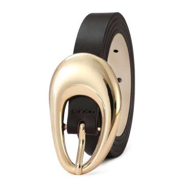 RISANTRY Genuine Leather Belt for Women Brown Leather With Smooth Oval Gold Metal Buckle Luxury Casu...