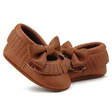 DELEBAO Infant Toddler Baby Soft Sole Tassel Bowknot Moccasinss Crib Shoes (6-12 Months, Brown)