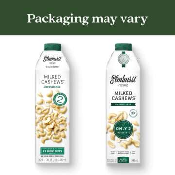 Elmhurst 1925 Cashew Milk, Unsweetened Cashew Milk, Shelf Stable Cashew Milk, Vegan, Kosher, Nondairy, Sugar Free, Non GMO, Plant Based Alternative Milk, Made With Water And Cashews, Simpler Better, 32 Ounce (Pack of 6)