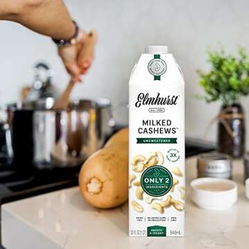 Elmhurst 1925 Cashew Milk, Unsweetened Cashew Milk, Shelf Stable Cashew Milk, Vegan, Kosher, Nondairy, Sugar Free, Non GMO, Plant Based Alternative Milk, Made With Water And Cashews, Simpler Better, 32 Ounce (Pack of 6)