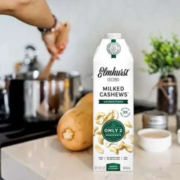 Elmhurst 1925 Cashew Milk, Unsweetened Cashew Milk, Shelf Stable Cashew Milk, Vegan, Kosher, Nondairy, Sugar Free, Non GMO, Plant Based Alternative Milk, Made With Water And Cashews, Simpler Better, 32 Ounce (Pack of 6)