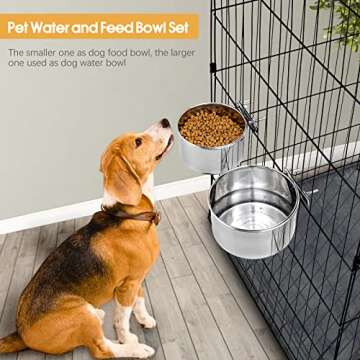 2 Pcs Large Pet Dog Food Water Bowl for Cage Stainless Steel Non-Spill Kennel Hanging Cats Bowls with Clamp Holder Crate Feeder Dish for Medium Large Dogs Huge Pets (7.1x3.5'' & 6.3x2.6'')