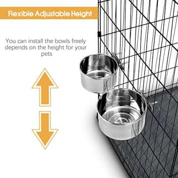 2 Pcs Large Pet Dog Food Water Bowl for Cage Stainless Steel Non-Spill Kennel Hanging Cats Bowls with Clamp Holder Crate Feeder Dish for Medium Large Dogs Huge Pets (7.1x3.5'' & 6.3x2.6'')