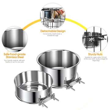 2 Pcs Large Pet Dog Food Water Bowl for Cage Stainless Steel Non-Spill Kennel Hanging Cats Bowls with Clamp Holder Crate Feeder Dish for Medium Large Dogs Huge Pets (7.1x3.5'' & 6.3x2.6'')