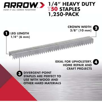 Arrow 504 Heavy Duty T50 1/4-Inch Leg Length, 3/8-Inch Crown, Staples for Upholstery, Construction, ...