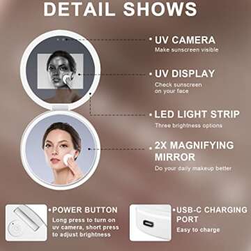 Compact UV Mirror with 2X Magnification for Skin Care