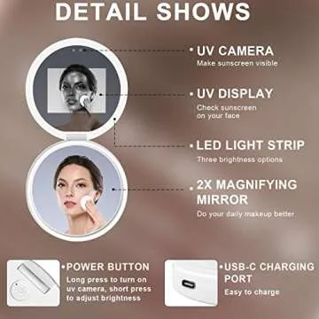 Compact UV Mirror with 2X Magnification for Skin Care