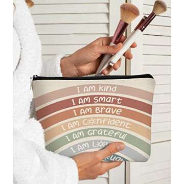 BARPERY I Am Kind I Am Smart I Am Brave Inspirational Makeup Bag,Makeup Bags for Women, Rainbow Cosm...