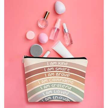 BARPERY I Am Kind I Am Smart I Am Brave Inspirational Makeup Bag,Makeup Bags for Women, Rainbow Cosmetic Bag Gift for Women,Inspirational Gifts for Women Teacher Coworker