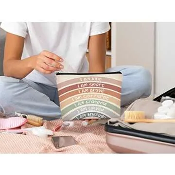 BARPERY I Am Kind I Am Smart I Am Brave Inspirational Makeup Bag,Makeup Bags for Women, Rainbow Cosmetic Bag Gift for Women,Inspirational Gifts for Women Teacher Coworker