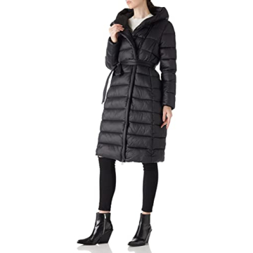 Bellivera Women's Puffer Jacket Lightweight Quilted Hooded Long Down Alternative Coat with Belt 7734 Black L