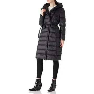Bellivera Women's Puffer Jacket Lightweight Quilted Hooded Long Down Alternative Coat with Belt 7734 Black L