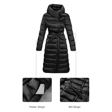 Bellivera Women's Puffer Jacket Lightweight Quilted Hooded Long Down Alternative Coat with Belt 7734 Black L