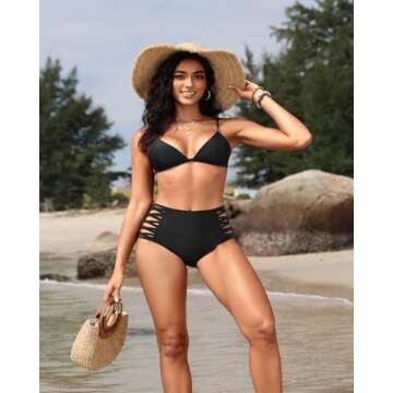 Holipick Women Black High Waisted Bikini Bottoms Tummy Control Swimsuit Bottoms Strappy Swim Bottom ...