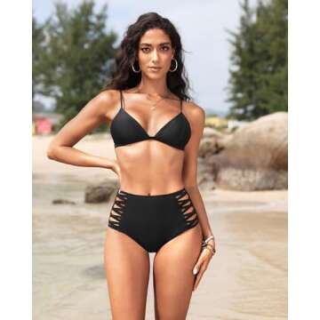 Holipick Women Black High Waisted Bikini Bottoms Tummy Control Swimsuit Bottoms Strappy Swim Bottom L