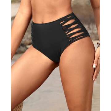 Holipick Women Black High Waisted Bikini Bottoms Tummy Control Swimsuit Bottoms Strappy Swim Bottom L
