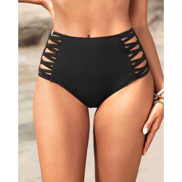 Holipick Women Black High Waisted Bikini Bottoms Tummy Control Swimsuit Bottoms Strappy Swim Bottom L