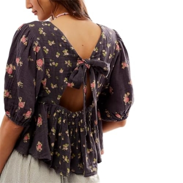 Women’s Cute Floral Print Babydoll Top Y2k Fairycore Relax Fit Tie Back Puff Sleeve Cropped Peplum...