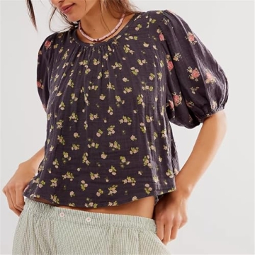 Women’s Cute Floral Print Babydoll Top Y2k Fairycore Relax Fit Tie Back Puff Sleeve Cropped Peplum Shirts Going Out Top (Blue, L)