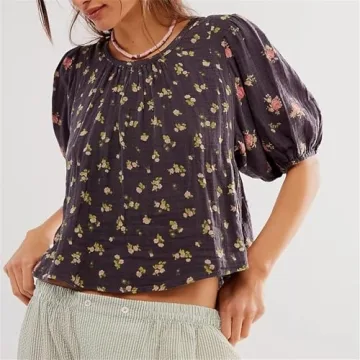 Women’s Cute Floral Print Babydoll Top Y2k Fairycore Relax Fit Tie Back Puff Sleeve Cropped Peplum Shirts Going Out Top (Blue, L)