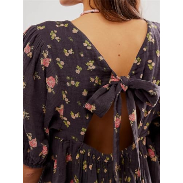 Women’s Cute Floral Print Babydoll Top Y2k Fairycore Relax Fit Tie Back Puff Sleeve Cropped Peplum Shirts Going Out Top (Blue, L)