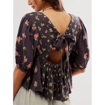 Women’s Cute Floral Print Babydoll Top Y2k Fairycore Relax Fit Tie Back Puff Sleeve Cropped Peplum Shirts Going Out Top (Blue, L)