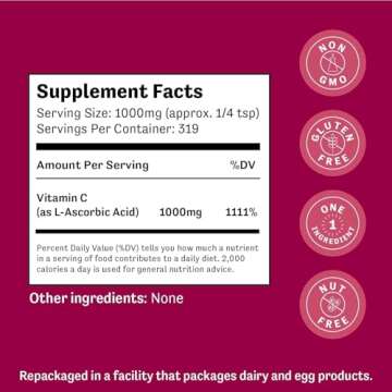 Judee’s Pure Vitamin C Powder 11.25oz - 100% Non-GMO, Gluten-Free & Nut-Free - (L - Ascorbic Acid) - Immune Support & Antioxidant Supplement - No Fillers - for Cosmetics and Preserving Foods