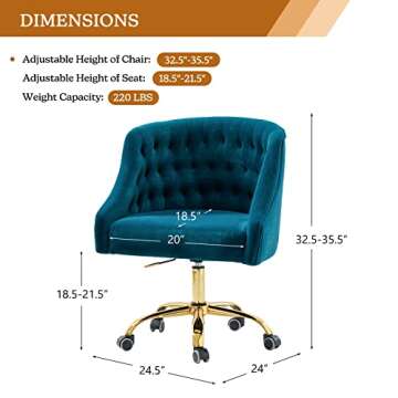 Velvet Home Office Chair with Gold Base, Comfortable Modern Cute Desk Chair, Adjustable Swivel Task ...