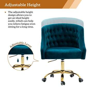 Velvet Home Office Chair with Gold Base, Comfortable Modern Cute Desk Chair, Adjustable Swivel Task Chair for Living Room Bedroom Vanity Study, Teal
