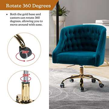 Velvet Home Office Chair with Gold Base, Comfortable Modern Cute Desk Chair, Adjustable Swivel Task Chair for Living Room Bedroom Vanity Study, Teal