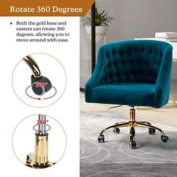 Velvet Home Office Chair with Gold Base, Comfortable Modern Cute Desk Chair, Adjustable Swivel Task Chair for Living Room Bedroom Vanity Study, Teal