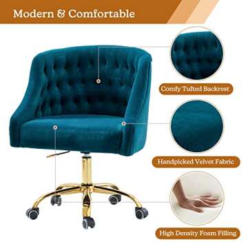 Velvet Home Office Chair with Gold Base, Comfortable Modern Cute Desk Chair, Adjustable Swivel Task Chair for Living Room Bedroom Vanity Study, Teal