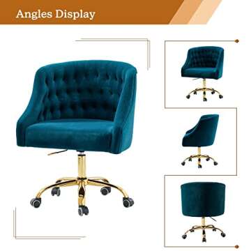 Velvet Home Office Chair with Gold Base, Comfortable Modern Cute Desk Chair, Adjustable Swivel Task Chair for Living Room Bedroom Vanity Study, Teal