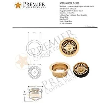 Premier Copper Products D-130PB 3.5-Inch Deluxe Garbage Disposal Drain w/Basket, Polished Brass