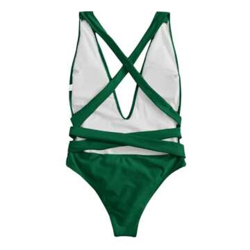 Lilosy Sexy Lace Up Plunge Neck Backless High Waisted Low Cut Leg Rise Thong Cheeky Brazilian 1 Piece Bikini Swimsuit Women Back Bathing Suit Tie Criss Cross Monokini Dark Green Medium