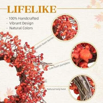 Fall Wreaths with Little Pumpkins & Berries, 20-22 Inch Harvest Thanksgiving Wreath, Farmhouse Fall Decorations for Home Front Door Porch Wall Window, Autumn Wreath for Indoor Outdoor