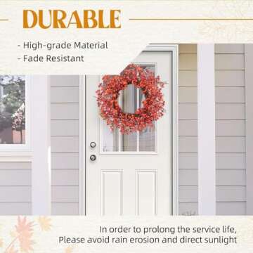 Fall Wreaths with Little Pumpkins & Berries, 20-22 Inch Harvest Thanksgiving Wreath, Farmhouse Fall Decorations for Home Front Door Porch Wall Window, Autumn Wreath for Indoor Outdoor