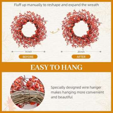 Fall Wreaths with Little Pumpkins & Berries, 20-22 Inch Harvest Thanksgiving Wreath, Farmhouse Fall Decorations for Home Front Door Porch Wall Window, Autumn Wreath for Indoor Outdoor