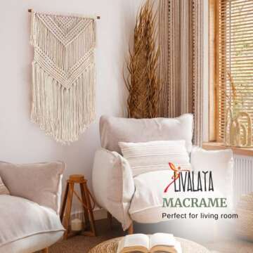 Livalaya Boho Macrame Woven Wall Hanging Beige 16 in x 36 in Modern Bohemian Tapestry wall Art Decor for House, Apartment, Dorm, Bedroom, Nursery, Party Decorations, Wedding, Wall Ornament