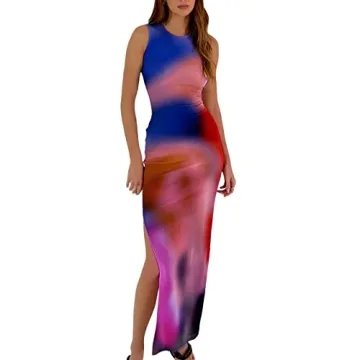 Women's Casual Tie-Dye Bodycon Maxi Dress Sleeveless Tank Wrap Split Beach Party Long Dresses (Purpl...