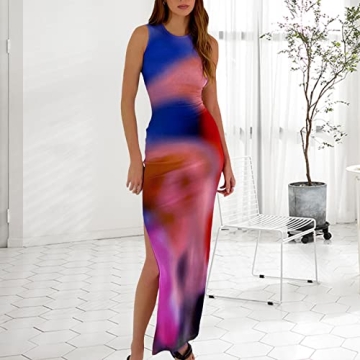 Women's Casual Tie-Dye Bodycon Maxi Dress Sleeveless Tank Wrap Split Beach Party Long Dresses (Purple,S)