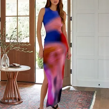 Women's Casual Tie-Dye Bodycon Maxi Dress Sleeveless Tank Wrap Split Beach Party Long Dresses (Purple,S)
