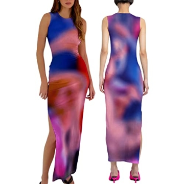 Women's Casual Tie-Dye Bodycon Maxi Dress Sleeveless Tank Wrap Split Beach Party Long Dresses (Purple,S)
