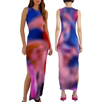 Women's Casual Tie-Dye Bodycon Maxi Dress Sleeveless Tank Wrap Split Beach Party Long Dresses (Purple,S)
